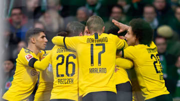 BREMEN, GERMANY - FEBRUARY 22: (BILD ZEITUNG OUT) Dan-Axel Zagadou of Borussia Dortmund celebrates after scoring his team's first goal during the Bundesliga match between SV Werder Bremen and Borussia Dortmund at Wohninvest Weserstadion on February 22, 2020 in Bremen, Germany. (Photo by Max Maiwald/DeFodi Images via Getty Images)