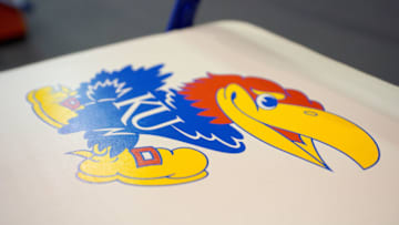 Jan 9, 2021; Lawrence, Kansas, USA; A general view of the Kansas Jayhawks logo on a bench seat before a game against the Oklahoma Sooners at Allen Fieldhouse. Mandatory Credit: Denny Medley-USA TODAY Sports