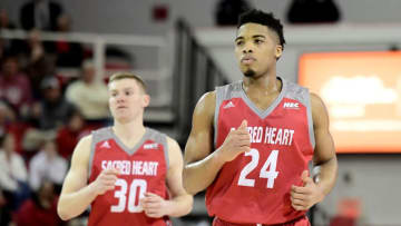 NEW YORK, NEW YORK - DECEMBER 22: E.J. Anosike #24 of the Sacred Heart Pioneers reacts against the St. John's Red Storm at Carnesecca Arena on December 22, 2018 in New York City. (Photo by Steven Ryan/Getty Images)