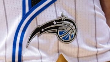 Feb 2, 2013; Milwaukee, WI, USA; The Orlando Magic logo on a players shorts during the game against the Milwaukee Bucks at the BMO Harris Bradley Center. The Bucks won 107-98. Mandatory Credit: Jeff Hanisch-USA TODAY Sports