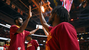 CLEVELAND, OHIO - MARCH 14: Evan Mobley #4 celebrates with Darius Garland #10 of the Cleveland Cavaliers during player introductions prior to the game against the LA Clippers at Rocket Mortgage Fieldhouse on March 14, 2022 in Cleveland, Ohio. NOTE TO USER: User expressly acknowledges and agrees that, by downloading and/or using this photograph, user is consenting to the terms and conditions of the Getty Images License Agreement. (Photo by Jason Miller/Getty Images)