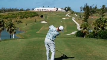 SOUTHAMPTON, BERMUDA - OCTOBER 30: Chris Baker of the United States plays his shot from the 18th tee during the second round of the Bermuda Championship at Port Royal Golf Course on October 30, 2020 in Southampton, Bermuda. (Photo by Gregory Shamus/Getty Images)