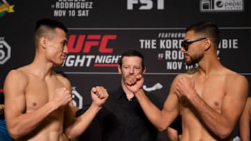 GOLDEN, CO - NOVEMBER 09: (L-R) Opponents Chan Sung Jung of South Korea and Yair Rodriguez of Mexico faceoff during the UFC Fight Night weigh-in on November 9, 2018 in Golden, Colorado. (Photo by Chris Unger/Zuffa LLC/Zuffa LLC via Getty Images)