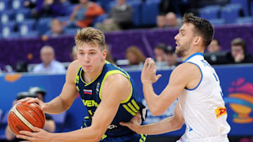 HELSINKI, FINLAND - SEPTEMBER 5: Luka Doncic (L) of Slovenia in action during the FIBA Eurobasket 2017 Group A match between Iceland and Slovenia on September 5, 2017 in Helsinki, Finland. (Photo by Norbert Barczyk/Press Focus/MB Media/Getty Images)