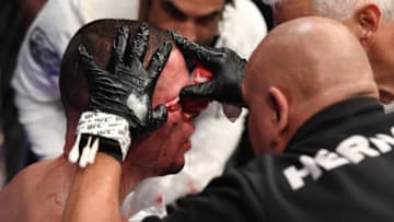 NEW YORK, NEW YORK - NOVEMBER 02: A cutman tends to the cut of Nate Diaz between rounds of his welterweight bout against Jorge Masvidal for the BMF title during the UFC 244 event at Madison Square Garden on November 02, 2019 in New York City. (Photo by Josh Hedges/Zuffa LLC via Getty Images)