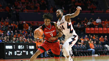 CHAMPAIGN, IL - JANUARY 30: Rutgers Scarlet Knights Guard Corey Sanders (3) and Illinois Fighting Illini Guard Mark Alstork (24) get their arms tangled on their way up the court during the Big Ten Conference college basketball game between the Rutgers Scarlet Knights and the Illinois Fighting Illini on January 30, 2018, at the State Farm Center in Champaign, Illinois. (Photo by Michael Allio/Icon Sportswire via Getty Images)