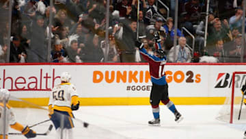 DENVER, CO - APRIL 16: Colorado Avalanche left wing Blake Comeau (14) celebrates a first period goal during a first round playoff game between the Colorado Avalanche and the visiting Nashville Predators on April 16, 2018 at the Pepsi Center in Denver, CO. (Photo by Russell Lansford/Icon Sportswire via Getty Images)