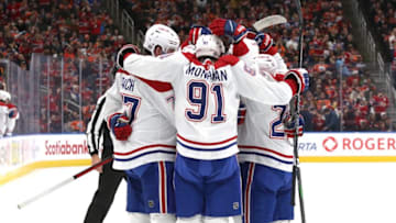 EDMONTON, CANADA - DECEMBER 3: Sean Monahan #91 of the Montreal Canadiens celebrates a goal with his line mates in the first period against the Edmonton Oilers on December 3, 2022 at Rogers Place in Edmonton, Alberta, Canada. (Photo by Lawrence Scott/Getty Images)
