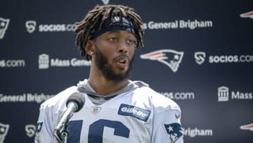 FOXBOROUGH, MASSACHUSETTS - JULY 30: Jakobi Meyers #16 of the New England Patriots addresses the media during Training Camp at Gillette Stadium on July 30, 2021 in Foxborough, Massachusetts. (Photo by Maddie Malhotra/Getty Images)