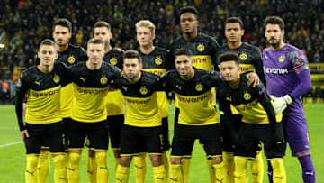DORTMUND, GERMANY - DECEMBER 10: Dortmund line up during the UEFA Champions League group F match between Borussia Dortmund and Slavia Praha at Signal Iduna Park on December 10, 2019 in Dortmund, Germany. (Photo by Lars Baron/Getty Images)