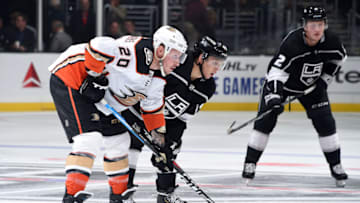 LOS ANGELES, CA - SEPTEMBER 23: Nicolas Deslauriers #20 of the Anaheim Ducks and Blake Lizotte #46 of the Los Angeles Kings get ready for the play during the third period of the preseason game at STAPLES Center on September 23, 2019 in Los Angeles, California. (Photo by Adam Pantozzi/NHLI via Getty Images)