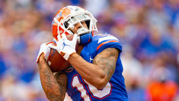 GAINESVILLE, FL- SEPTEMBER 21: Freddie Swain #16 of the Florida Gators makes a reception for a touchdown during the second half of the game against the Tennessee Volunteers at Ben Hill Griffin Stadium on September 21, 2019 in Gainesville, Florida. (Photo by Carmen Mandato/Getty Images)