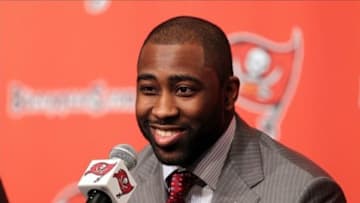 Apr 22, 2013; Tampa, FL, USA; Tampa Bay Buccaneers cornerback Darrelle Revis is introduced at the press conference at One Buccaneer Place. Mandatory Credit: Kim Klement-USA TODAY Sports