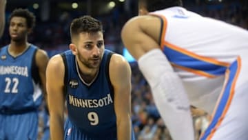 Mar 11, 2016; Oklahoma City, OK, USA; Minnesota Timberwolves guard Ricky Rubio (9) and Oklahoma City Thunder guard Russell Westbrook (0) wait for play to begin during the fourth quarter at Chesapeake Energy Arena. Mandatory Credit: Mark D. Smith-USA TODAY Sports