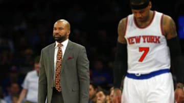 Feb 7, 2016; New York, NY, USA; New York Knicks head coach Derek Fisher looks towards New York Knicks forward Carmelo Anthony (7) during first half against Denver Nuggets at Madison Square Garden. Mandatory Credit: Noah K. Murray-USA TODAY Sports