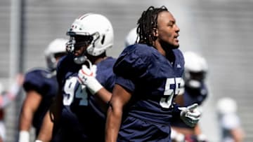 Auburn football defensive lineman Jaren Handy (55) during an open football practice at Jordan-Hare Stadium in Auburn, Ala., on Saturday, March 20, 2021.