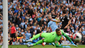 MANCHESTER, ENGLAND - AUGUST 31: Sergio Aguero of Manchester City shoots during the Premier League match between Manchester City and Brighton & Hove Albion at Etihad Stadium on August 31, 2019 in Manchester, United Kingdom. (Photo by Laurence Griffiths/Getty Images)