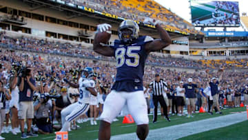 PITTSBURGH, PA - SEPTEMBER 03: Jester Weah #85 of the Pittsburgh Panthers celebrates after catching a 16 yard pass for a touchdown in the second half during the game against the Villanova Wildcats on September 3, 2016 at Heinz Field in Pittsburgh, Pennsylvania. (Photo by Justin K. Aller/Getty Images)