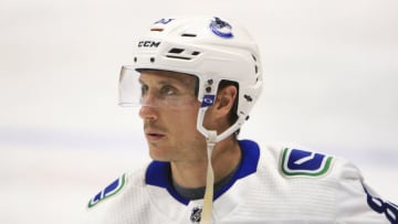 NASHVILLE, TN - APRIL 04: Vancouver Canucks center Jay Beagle (83) is shown prior to the NHL game between the Nashville Predators and Vancouver Canucks, held on April 4, 2019, at Bridgestone Arena in Nashville, Tennessee. (Photo by Danny Murphy/Icon Sportswire via Getty Images)