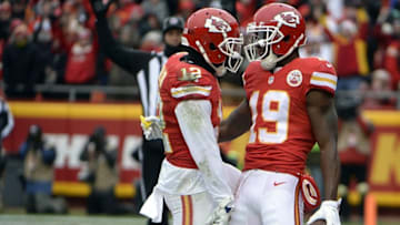 Dec 27, 2015; Kansas City, MO, USA; Kansas City Chiefs wide receiver Jeremy Maclin (19) celebrates with wide receiver Albert Wilson (12) after catching a touchdown pass against the Cleveland Browns in the first half at Arrowhead Stadium. Mandatory Credit: John Rieger-USA TODAY Sports