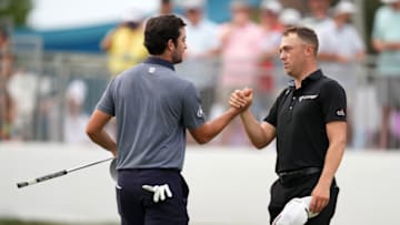 Davis Riley shakes hands with Justin Thomas Mandatory Credit: Jasen Vinlove-USA TODAY Sports