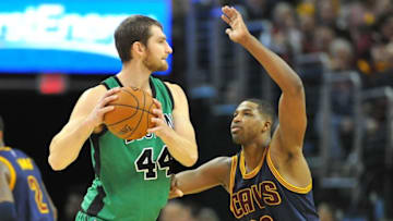 Feb 5, 2016; Cleveland, OH, USA; Boston Celtics center Tyler Zeller (44) and Cleveland Cavaliers center Tristan Thompson (13) during the second half at Quicken Loans Arena. The Celtics won 104-103. Mandatory Credit: Ken Blaze-USA TODAY Sports