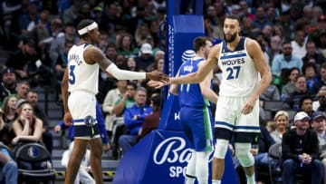 Jaden McDaniels, Rudy Gobert, Minnesota Timberwolves Mandatory Credit: Kevin Jairaj-USA TODAY Sports