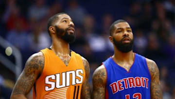 Nov 6, 2015; Phoenix, AZ, USA; Phoenix Suns forward Markieff Morris (left) against identical twin brother Detroit Pistons forward Marcus Morris at Talking Stick Resort Arena. The Pistons defeated the Suns 100-92. Mandatory Credit: Mark J. Rebilas-USA TODAY Sports