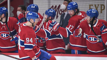 MONTREAL, QC - JUNE 06: Corey Perry #94 of the Montreal Canadiens celebrates his goal with teammates on the bench against the Winnipeg Jets during the first period in Game Three of the Second Round of the 2021 Stanley Cup Playoffs at the Bell Centre on June 6, 2021 in Montreal, Canada. (Photo by Minas Panagiotakis/Getty Images)