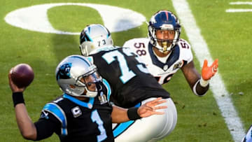 Feb 7, 2016; Santa Clara, CA, USA; Carolina Panthers quarterback Cam Newton (1) looks to pass while Denver Broncos outside linebacker Von Miller (58) defends during the second quarter in Super Bowl 50 at Levi