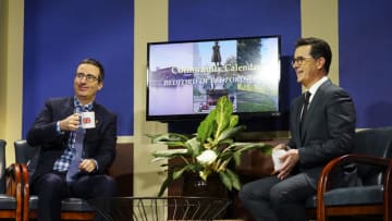 NEW YORK - FEBRUARY 7: The Late Show with Stephen Colbert airing Tuesday, Feb. 7, 2017 with John Oliver, Actress Isabelle Huppert, musical performance by The Avett Brothers. Pictured left to right: John Oliver and Stephen Colbert. (Photo by Michele Crowe/CBS via Getty Images)