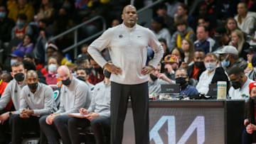 Jan 15, 2022; Atlanta, Georgia, USA; Atlanta Hawks head coach Nate McMillan on the bench against the New York Knicks in the second half at State Farm Arena. Mandatory Credit: Brett Davis-USA TODAY Sports