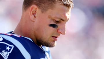 FOXBOROUGH, MA - SEPTEMBER 30: Rob Gronkowski #87 of the New England Patriots looks on during the game against the Miami Dolphins at Gillette Stadium on September 30, 2018 in Foxborough, Massachusetts. (Photo by Maddie Meyer/Getty Images)
