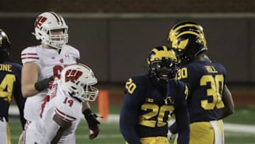 Michigan Wolverines' Brad Hawkins celebrates a tackle vs. Wisconsin during the first quarter at Michigan Stadium in Ann Arbor, Nov. 14, 2020.