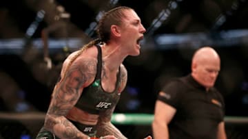 MELBOURNE, AUSTRALIA - OCTOBER 06: Megan Anderson of Australia celebrates her win over Zarah Fairn of France in the Women's featherweight bout during UFC 243 at Marvel Stadium on October 06, 2019 in Melbourne, Australia. (Photo by Darrian Traynor/Getty Images)