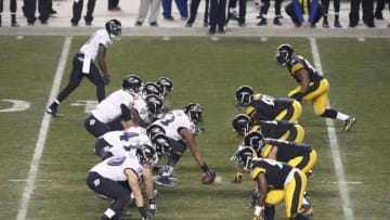 Jan 3, 2015; Pittsburgh, PA, USA; The Baltimore Ravens offense lines up against the Pittsburgh Steelers defense during the second quarter in the 2014 AFC Wild Card playoff football game at Heinz Field. The Ravens won 30-17. Mandatory Credit: Charles LeClaire-USA TODAY Sports