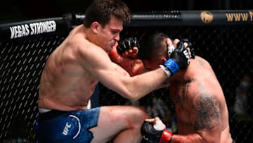 LAS VEGAS, NEVADA - AUGUST 22: (L-R) Jordan Wright knees Ike Villanueva in their light heavyweight fight during the UFC Fight Night event at UFC APEX on August 22, 2020 in Las Vegas, Nevada. (Photo by Chris Unger/Zuffa LLC)