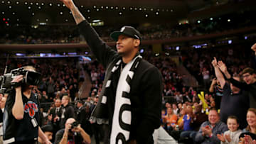 NEW YORK, NEW YORK - JANUARY 27: Former New York Knicks player Carmelo Anthony waves to the fans in the first quarter against the Miami Heat at Madison Square Garden on January 27, 2019 in New York City.NOTE TO USER: User expressly acknowledges and agrees that, by downloading and or using this photograph, User is consenting to the terms and conditions of the Getty Images License Agreement. (Photo by Elsa/Getty Images)