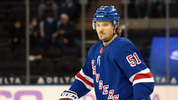 NEW YORK, NEW YORK - MARCH 15: Tarmo Reunanen #51 of the New York Rangers skates in his first NHL game against the Philadelphia Flyers at Madison Square Garden on March 15, 2021 in New York City. (Photo by Bruce Bennett/Getty Images)
