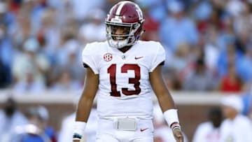 OXFORD, MS - SEPTEMBER 15: Tua Tagovailoa #13 of the Alabama Crimson Tide celebrates during the first half against the Mississippi Rebels at Vaught-Hemingway Stadium on September 15, 2018 in Oxford, Mississippi. (Photo by Jonathan Bachman/Getty Images)
