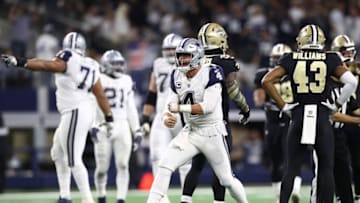ARLINGTON, TEXAS - NOVEMBER 29: Dak Prescott #4 of the Dallas Cowboys reacts after running for a first down against the New Orleans Saints in the fourth quarter at AT&T Stadium on November 29, 2018 in Arlington, Texas. (Photo by Ronald Martinez/Getty Images)