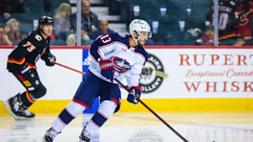Jan 23, 2023; Calgary, Alberta, CAN; Columbus Blue Jackets left wing Johnny Gaudreau (13) controls the puck against the Calgary Flames during the second period at Scotiabank Saddledome. Mandatory Credit: Sergei Belski-USA TODAY Sports