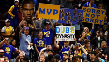 CLEVELAND, OH - JUNE 08: Golden State Warriors fans celebrate after their team defeated the Cleveland Cavaliers in Game Four of the 2018 NBA Finals at Quicken Loans Arena on June 8, 2018 in Cleveland, Ohio. NOTE TO USER: User expressly acknowledges and agrees that, by downloading and or using this photograph, User is consenting to the terms and conditions of the Getty Images License Agreement. (Photo by Justin K. Aller/Getty Images)