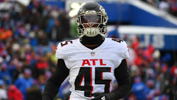 Jan 2, 2022; Orchard Park, New York, USA; Atlanta Falcons inside linebacker Deion Jones (45) prior to the game against the Buffalo Bills at Highmark Stadium. Mandatory Credit: Rich Barnes-USA TODAY Sports