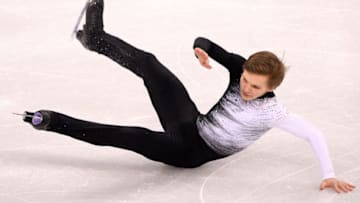 GANGNEUNG, SOUTH KOREA - FEBRUARY 09: Mikhail Kolyada of Olympic Athlete from Russia falls while competing in the Figure Skating Team Event - Men's Single Skating Short Program during the PyeongChang 2018 Winter Olympic Games at Gangneung Ice Arena on February 9, 2018 in Gangneung, South Korea. (Photo by Harry How/Getty Images)
