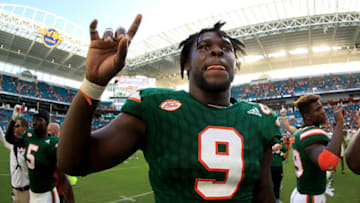 MIAMI GARDENS, FL - NOVEMBER 18: Chad Thomas of the Miami Hurricanes looks on after winning a game against the Virginia Cavaliers at Hard Rock Stadium on November 18, 2017 in Miami Gardens, Florida. (Photo by Mike Ehrmann/Getty Images)