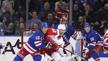 NEW YORK, NEW YORK - JANUARY 31: Brendan Lemieux #48, Igor Shesterkin #31 and Ryan Lindgren #55 of the New York Rangers defend against Darren Helm #43 of the Detroit Red Wings during the second period at Madison Square Garden on January 31, 2020 in New York City. (Photo by Bruce Bennett/Getty Images)