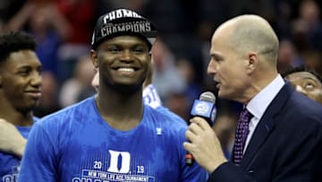 CHARLOTTE, NORTH CAROLINA - MARCH 16: Zion Williamson #1 of the Duke Blue Devils reacts after defeating the Florida State Seminoles 73-63 in the championship game of the 2019 Men's ACC Basketball Tournament at Spectrum Center on March 16, 2019 in Charlotte, North Carolina. (Photo by Streeter Lecka/Getty Images)