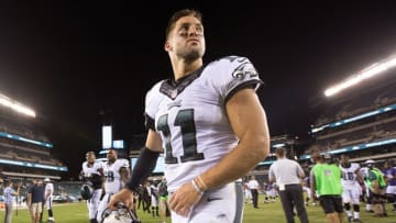Aug 22, 2015; Philadelphia, PA, USA; Philadelphia Eagles quarterback Tim Tebow (11) walks off the field after a victory against the Baltimore Ravens at Lincoln Financial Field. The Eagles won 40-17. Mandatory Credit: Bill Streicher-USA TODAY Sports