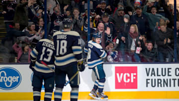 COLUMBUS, OH - JANUARY 10: Columbus Blue Jackets left wing Artemi Panarin (9) celebrates after scoring a goal in a game between the Columbus Blue Jackets and the Nashville Predators on January 10, 2019 at Nationwide Arena in Columbus, OH. (Photo by Adam Lacy/Icon Sportswire via Getty Images)